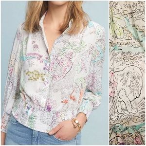 Anthropologie MAEVE Rosa paint by numbers floral, animal smocked top size LP